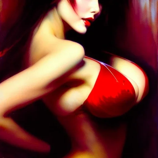 Drawing of beautiful face busty Vampirella,Sweet stare,wet balanciaga fashion clothe painting by gaston bussiere, greg rutkowski, yoji shinkawa, yoshitaka amano, tsutomu nihei, donato giancola, tim hildebrandt, oil on canvas, cinematic composition, extreme detail,fit full head inside picture,16k