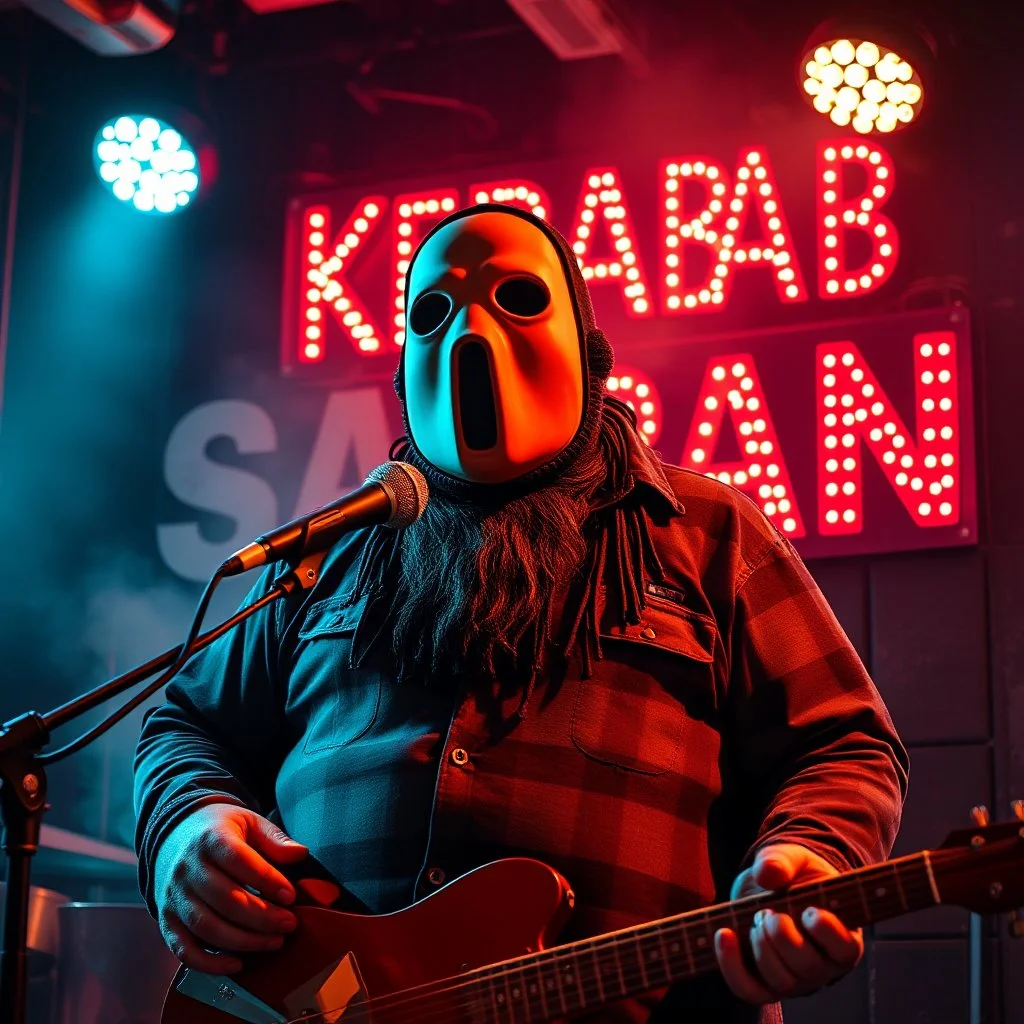 a very fat swedish man, with a mask with only a hole for the mouth, he is called "KEBAB MAN" performing at rock club, his name is "KEBAB MAN" kebab rolls On stage, kebab Neon lights and smog, and "KEBAB MAN" big sign on the wall, he singing with mic, text in swedish! no translate mr. stable ai, text in swedish! no translate mr. stable ai, text in swedish! no translate mr. stable ai