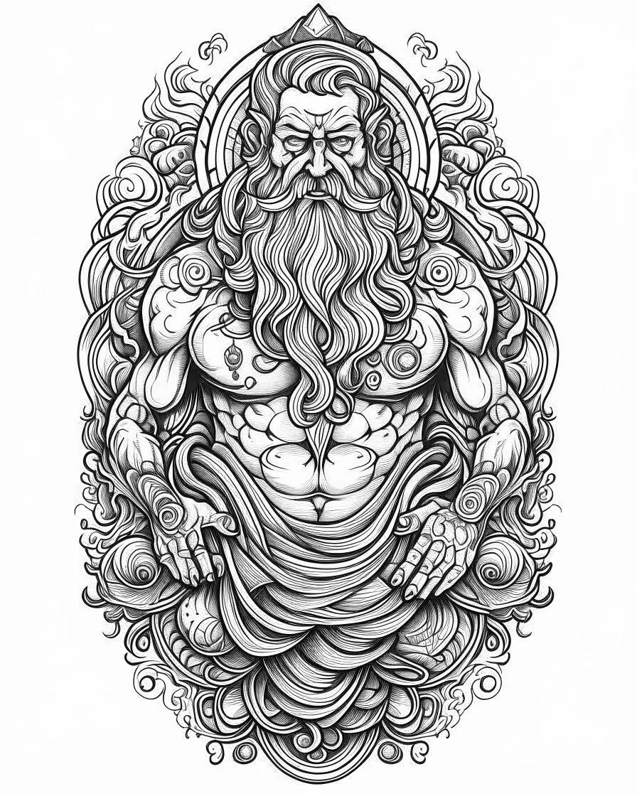 realistic god tattoo idea, line art, background, vector, svg, black outline on white background, leave plenty of white space beetween lines for coloring, tattoo style, tattoo idea,full body