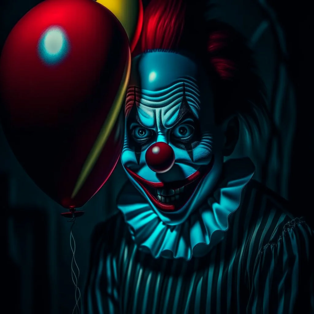 150mm Cinematic intricate photograph, make a extreme scary and evil clown, big head, (an evil bloodthirsty grin on face), ((sharp bloodyteeth)), Eyes popping out of the head,standing, partially surrounded by balloons, creepy light and atmosphere of horror and fear around, highest details, Nima Neemz Nakhshab movie poster