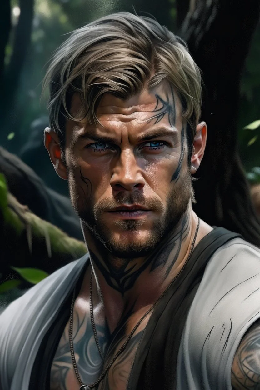 Portait young chris hemsworth as fantasy alpha werewolf in human form very muscular short cropped dark hair and stubble on chin, tribal tattoos wearing white button up shirt with rolled up sleeves realistic face, close-up, dark fantasy, fantasy forest, intricate details, hyper detailed, photograph