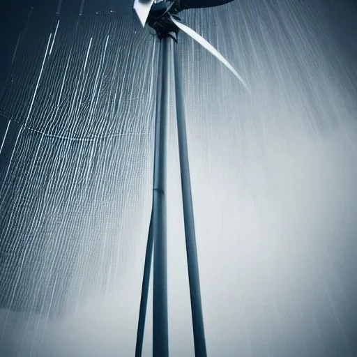 Thousands vertical wind turbines. Heavy cold rain. Strong wind. An engineer looking up. Futuristic scenary. Metallic mist.