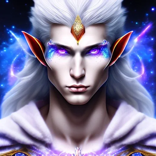 cosmic mage, elf, male, battle mage, cosmic sword, epic, cosmic magic, staff, long ears, white hair, face details, odd-eyes, dark skin, detailed eyes, jewellery