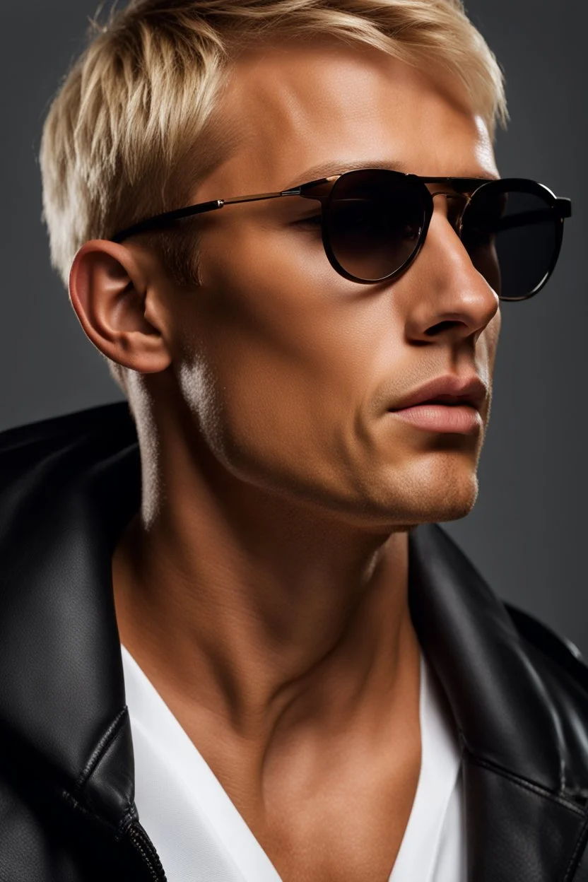 portrait of a 35 year old man very handsome with a sharp Jawline. lightly tanned skin. blonde hair cut short, clean shaven, wearing glasses