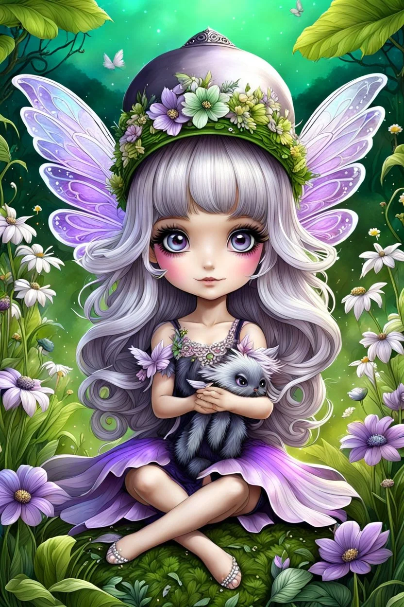 cute happy fairy girl with little wings and rounded ((purple eyes)), big long silver hair, sitting her nice hat a tiny black (kitty with green eyes) , chibi, 3d anime character, detailed, fantasy style, nice picture in the big meadow with pale colors flowers