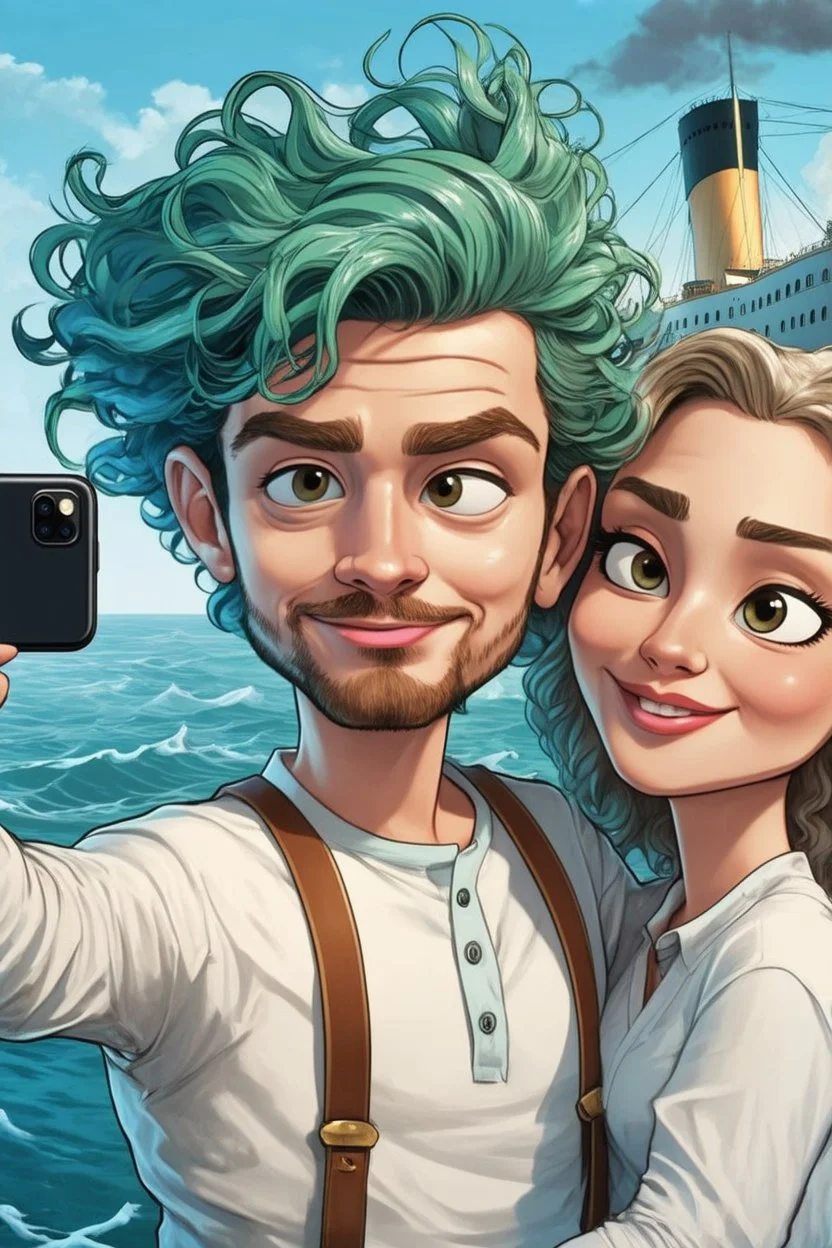 whimsical, caricatured digital illustration depicts a humorous scene of two characters taking a selfie in the ocean, with the background featuring the iconic Titanic ship. The man on the left is young Leo has messy, wavy blue-green hair, light skin, and a short beard, wearing a white long-sleeve shirt and brown suspenders. He's holding a black smartphone in his right hand and making a playful duck face with his pink lips puckered. The woman is young Kat