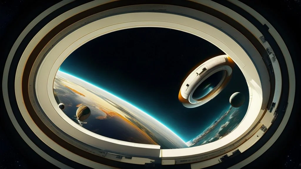 circular, tube, space station over a planet, photorealism