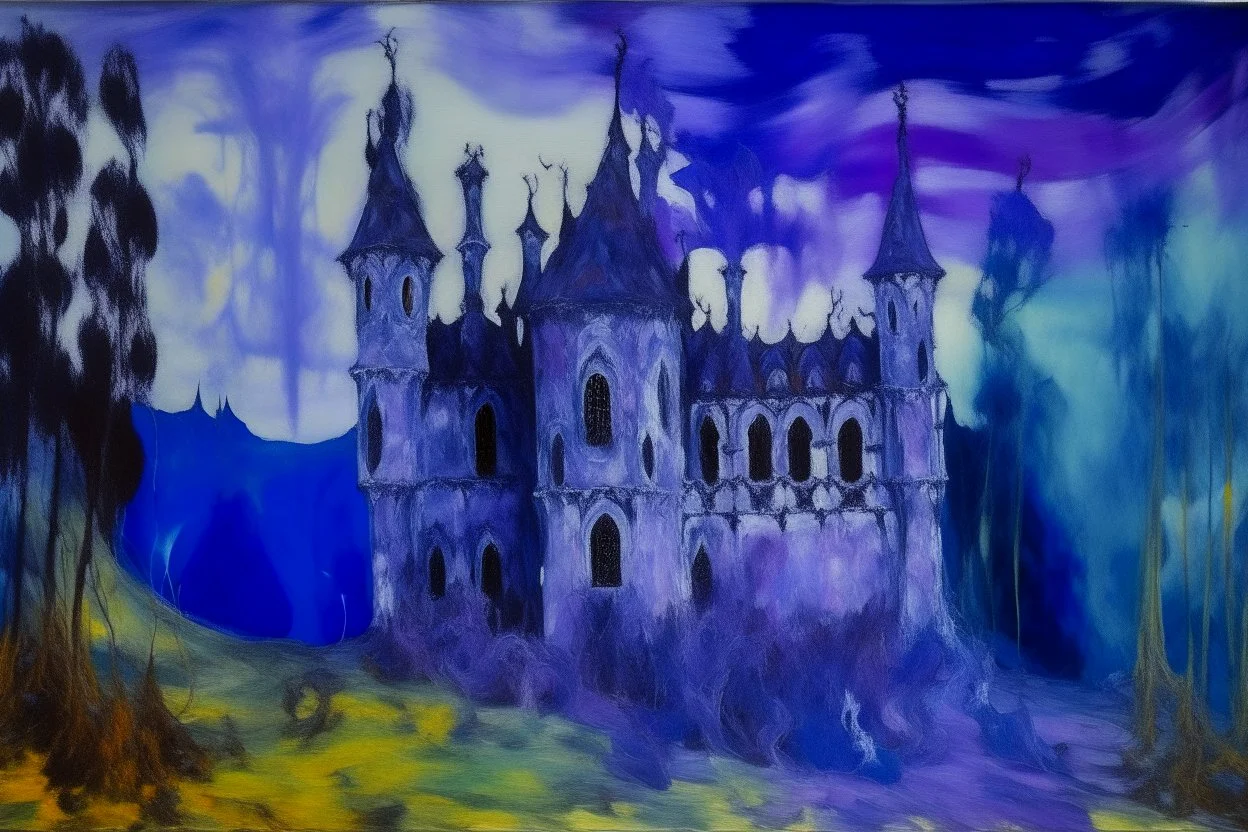 A purple haunted castle filled with ghosts painted by Claude Monet