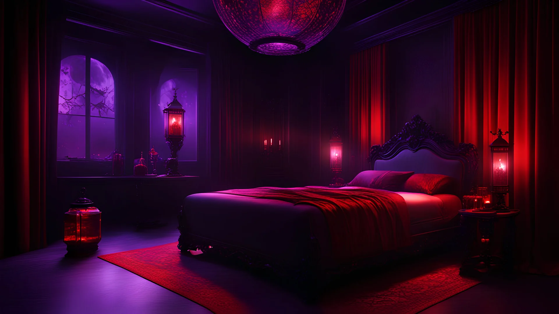 vampire luxury bedroom. Detailed. Rendered in Unity. Black and red lighting. Holograms. very dark bedroom, dim bedroom, purple light lantern, hang guns on the wall, red curtain. bit warm light, night, full red moon, lantern. amber light. purple night. table. jar on table. purple crystal.