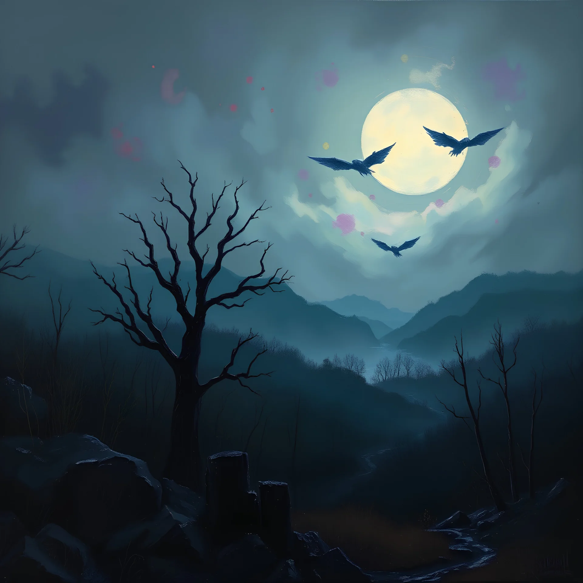 painting, oil painting, dark tones, horror, scenery, landscape