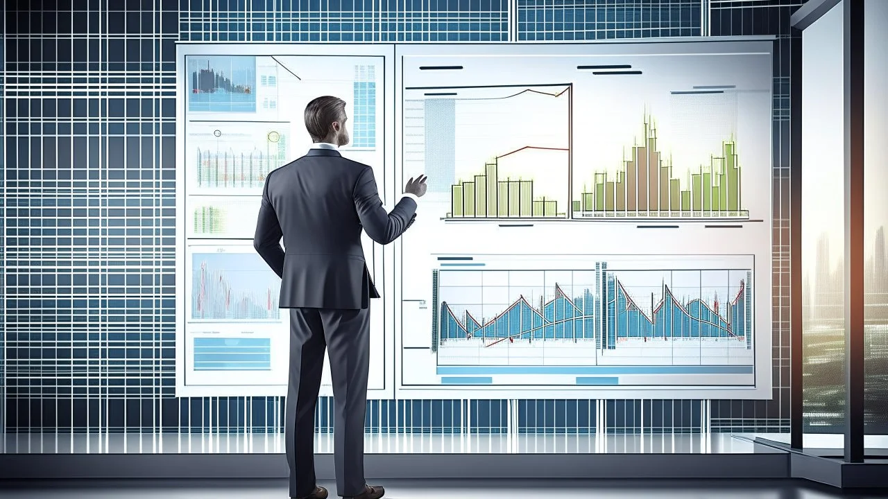 The image represents the success and prosperity of businesses and investments in 2024. It features a confident businessman standing with paper charts and a large screen displaying financial data and profitable projects. The image reflects a promising future vision for business and investment in the coming year, where successful projects can achieve significant financial success.