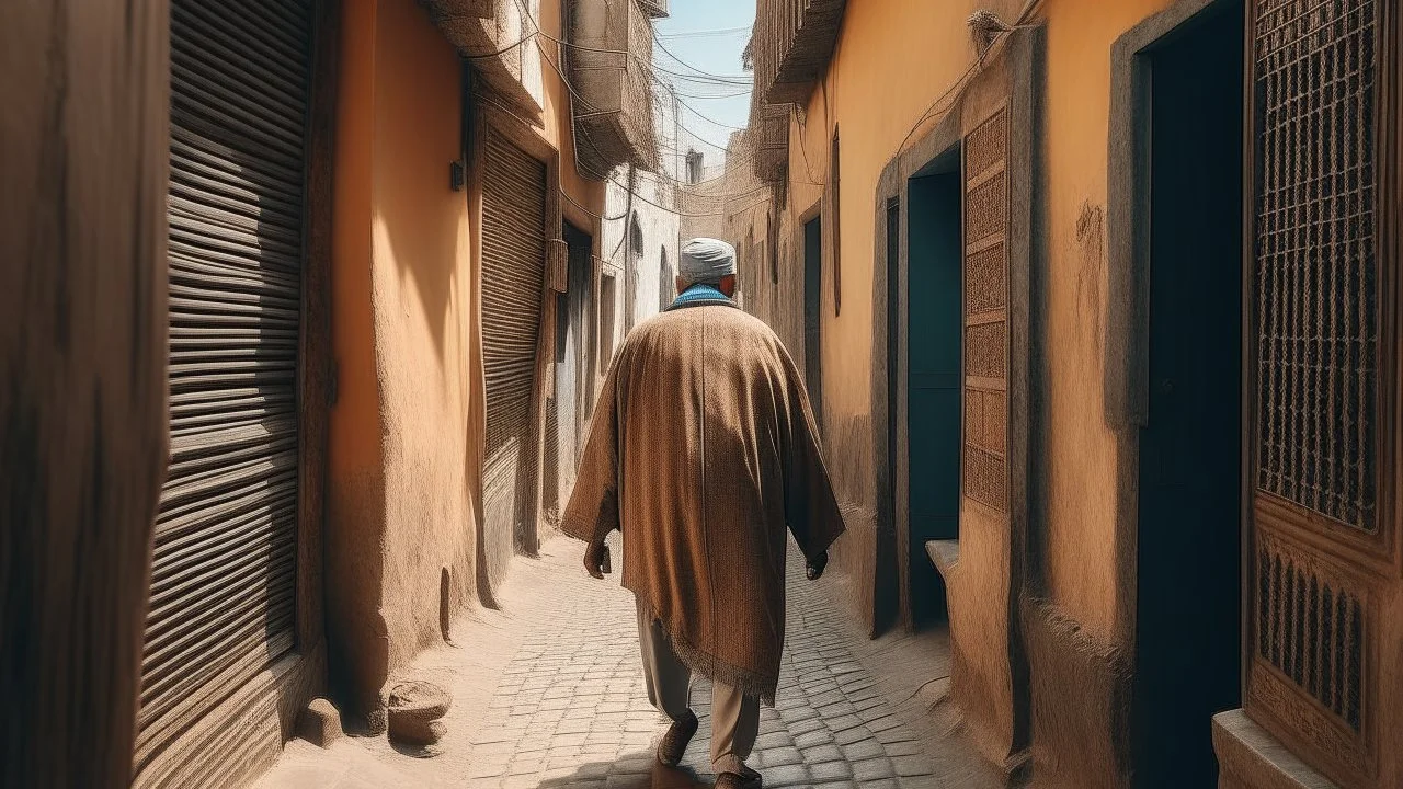 Rear view of an elderly Moroccan walking in a Moroccan alley