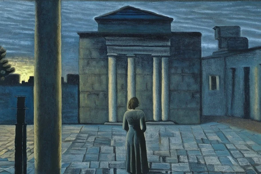 A woman waiting outside a temple at dusk by artist "Paul Delvaux"