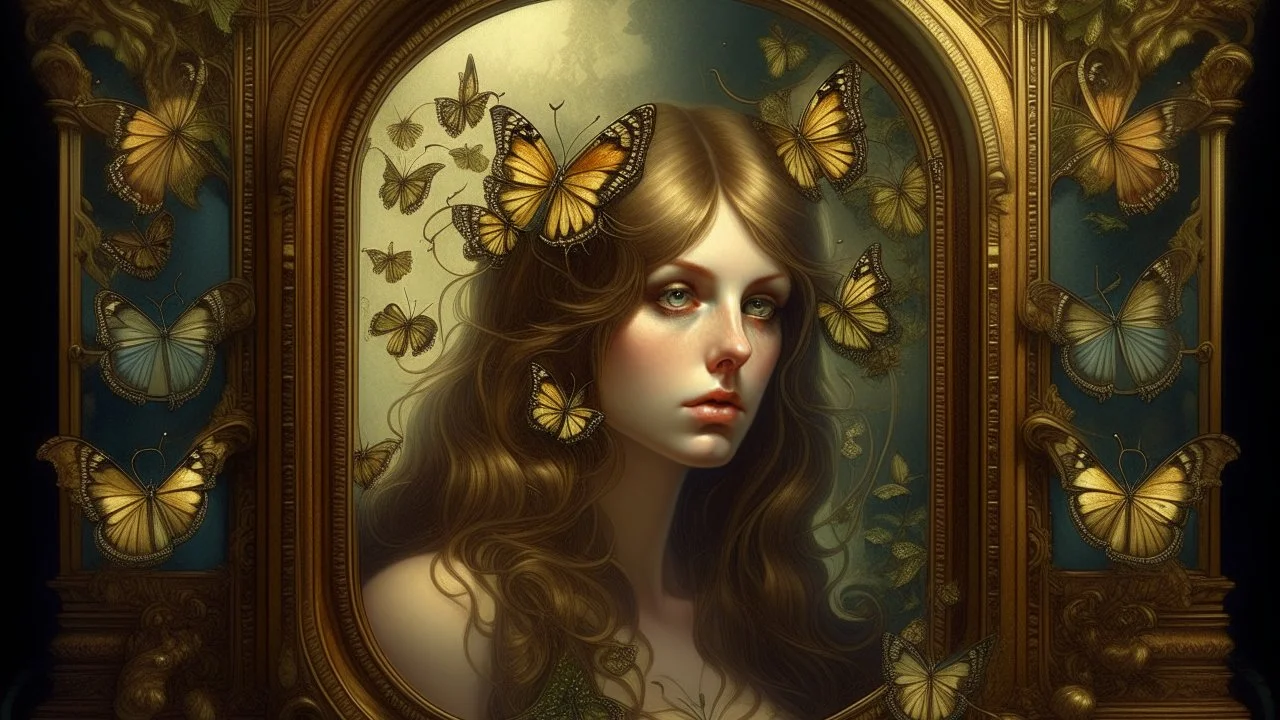 Hypnotic portrait of a woman with hair transforming into golden butterflies, antique wooden frame alive with flowering vines, room where shadows have their own color, art nouveau mirror showing past and future simultaneously, wall clock marking impossible hours, books gently floating, patterned wallpaper coming to life, García Márquez magical realism style