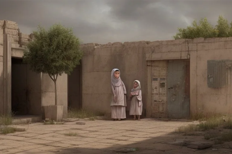 Grey sky, crying little palestinian girls wearing kuffeah , rocks, destroyed buildings , emotional influence, friedrich eckenfelder and willem maris impressionism paintings