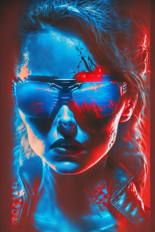 Photo of a half broken female Terminator, with dark sun glasses, bright red eye, Hollywood movie poster style, atmospheric blue light night time, high contrast dark moody lighting, full body shot