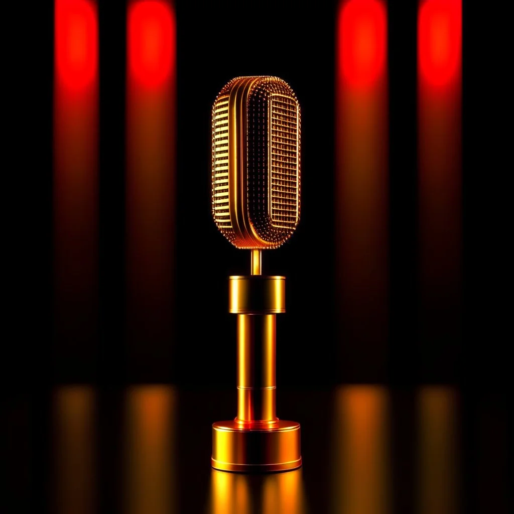An image featuring a stunning golden microphone illuminated by soft spotlighting. The microphone stands on a sleek stand, exuding an air of elegance and significance. The golden hue catches the light, adding a touch of glamour to the scene. This image prompts thoughts of prestigious events, captivating performances, and the art of expression through voice.