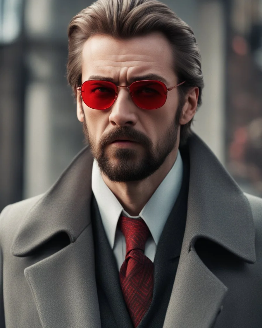 a young man who looks like hans gruber wearing a heavy coat and red sunglasses staring with an irritated look on his face