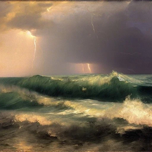 Frank Duveneck, painting, ocean, waves, lightning bolts, photo realistic, 8k, storm, blizzard, hurricane