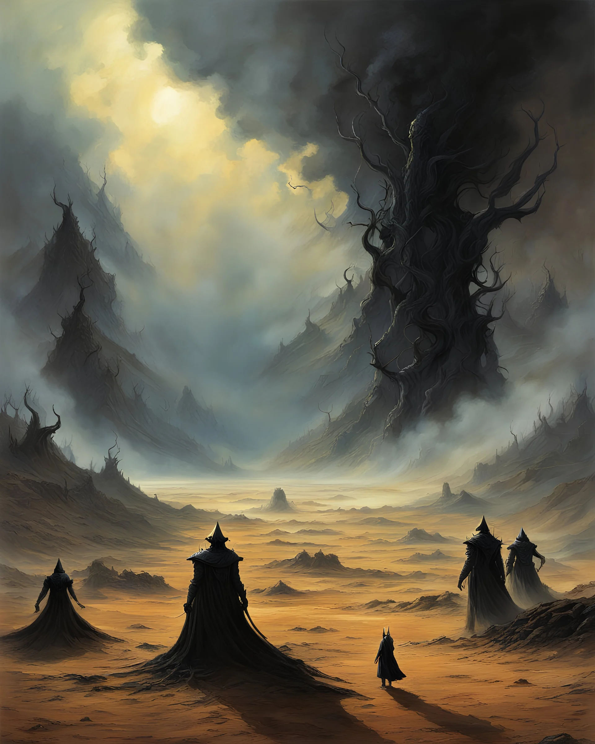 picture of a infernal mass of dancing shadows and smoke that walks on a barren landscape. concept art in the style of lovecraft enki bilal giger beksinski Alan lee d&d larry Elmore greg Rutkowski john howe William Morris