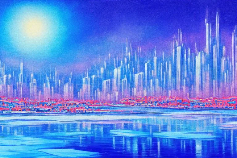 Futuristic city, frozen lake, impressionism painting