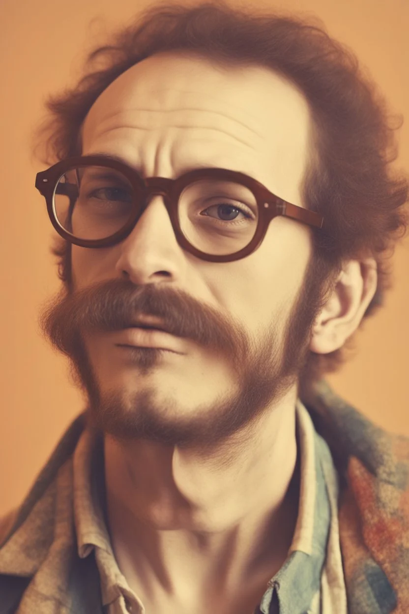 bohemian young ugly man with Parisian bohemian look and glasses of colours and poor and short short short and poor hair on the head with receding hairline. Farsightedness glasses with big eyes. Shirt beard in the head. Vintage look and feel like photo style-of the 70s