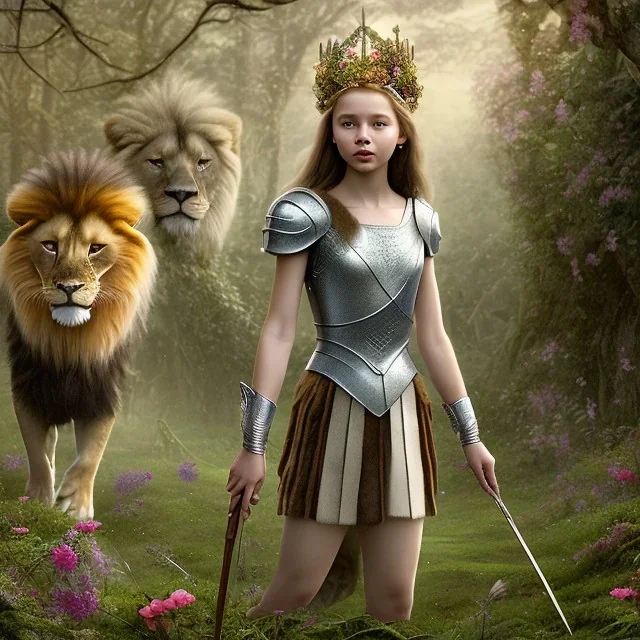 Young beautiful girl wearing floral crown with a stunning lion on nature forest path, Chronicles of Narnia, 8k resolution, high-quality, fine-detail, iridescent, intricate, digital art, detailed matte, volumetric lighting, beautiful, illustration, 3D octane render, brian froud, howard lyon, selina french, anna dittmann, annie stokes, lisa parker, greg rutowski,