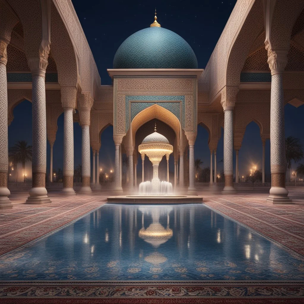 Hyper realistic Outside historical Mosque with detailed glass work on pillars with beautiful carpet & water fountain at night