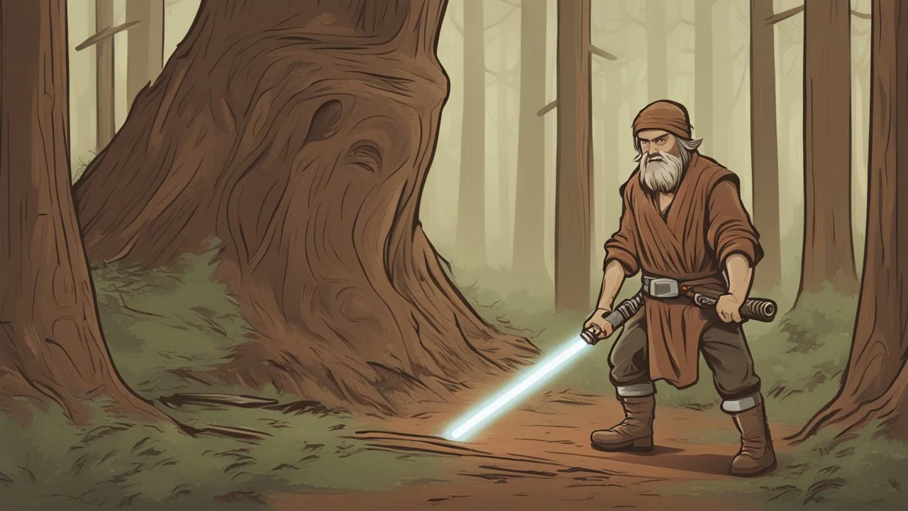 Jedi lumberjack cutting tree using lightsaber