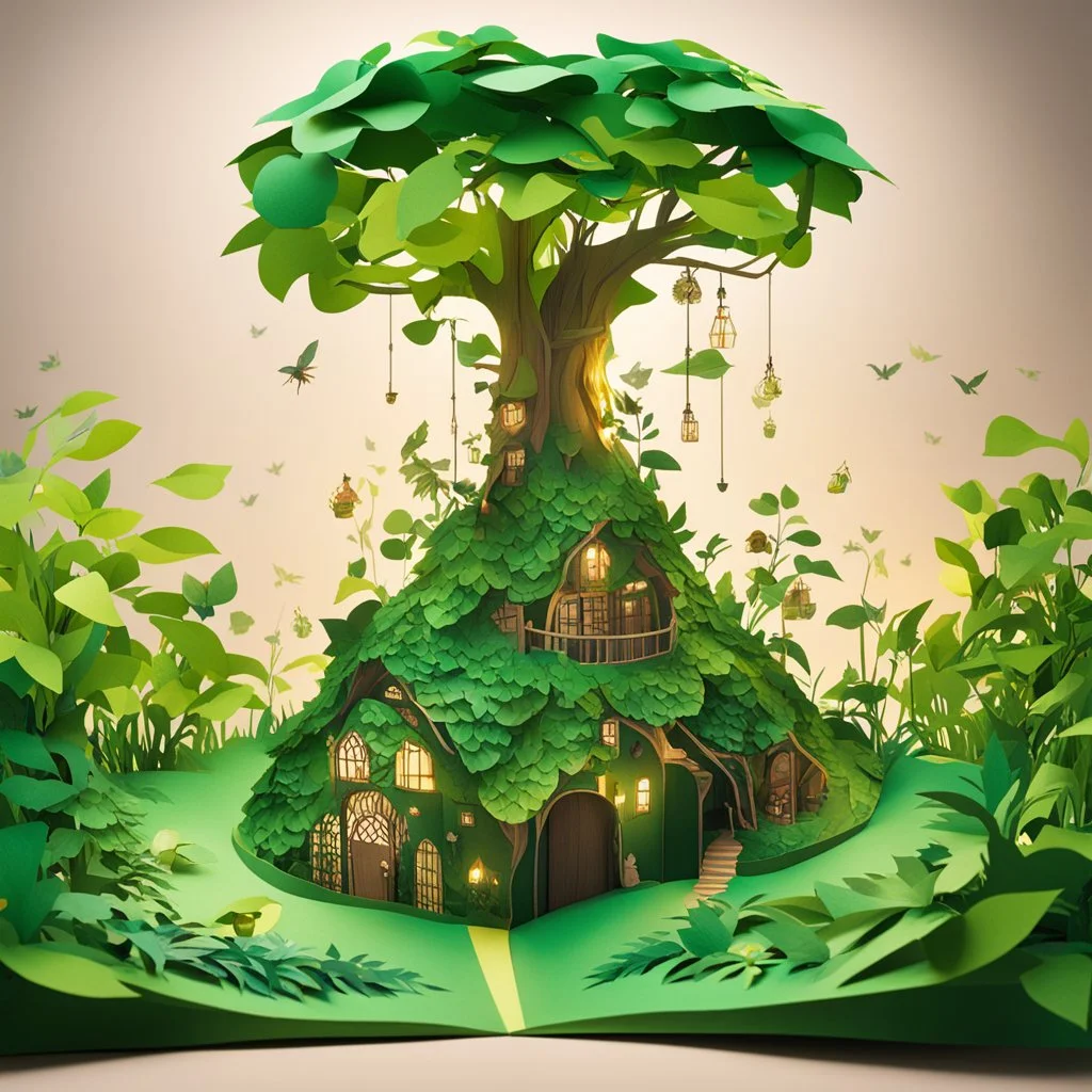 a magical pop-up book, its pages filled with wonders untold. And within its enchanted confines, the timeless tale of Jack and the Beanstalk unfolds. But hold on tight, for this rendition will take you to new heights, quite literally. As you open the pop-up book, the paper springs to life, forming lush green lianas that stretch towards the sky. vines pop-out of the pop-up book, ascending higher and higher, clinging to the sky.