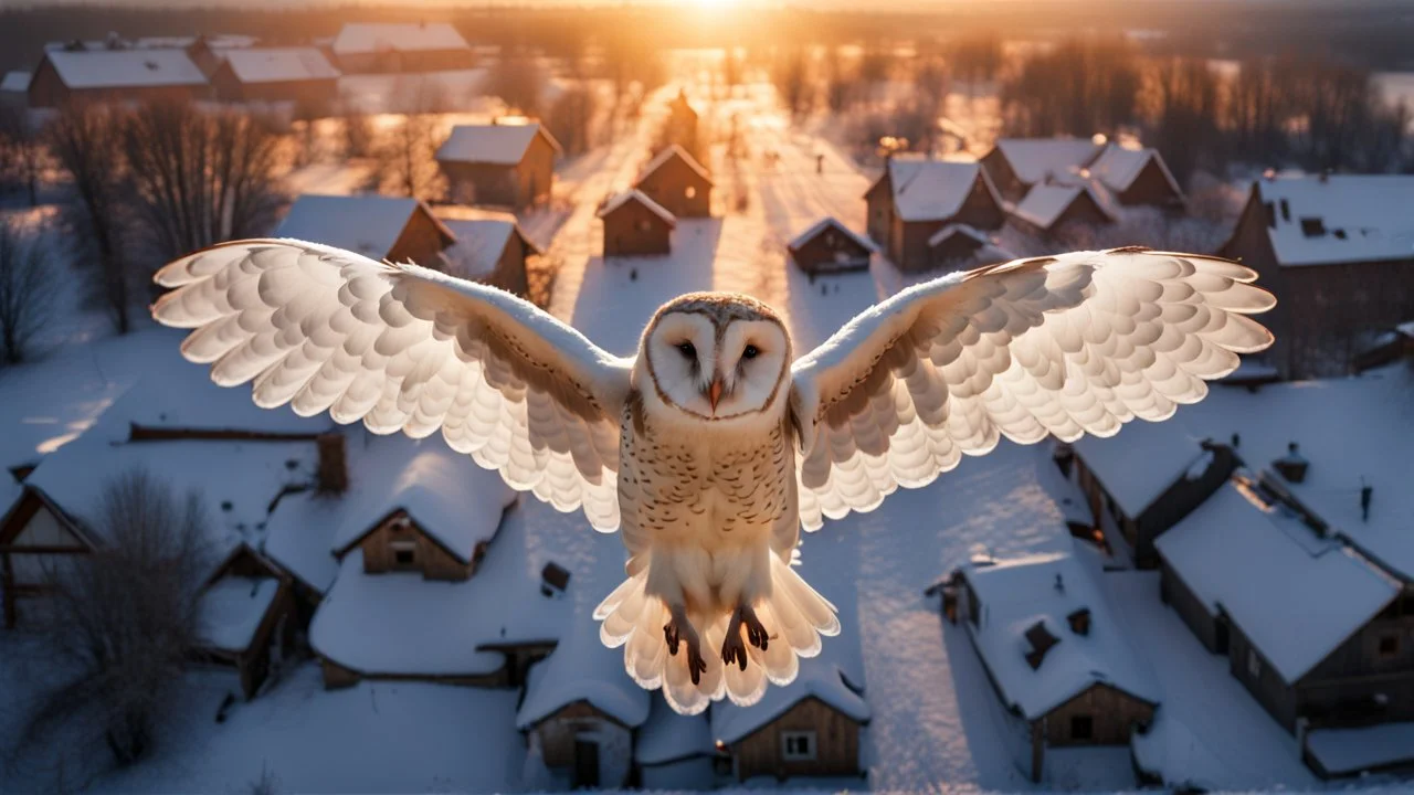 angel's view back to the camera a barn owl flying over a small winter village, snowy landscape, little light, sunrise, some small Hungarian old country houses from above, perspective, high detailed, sharp focuses, photorealistic, cinematic