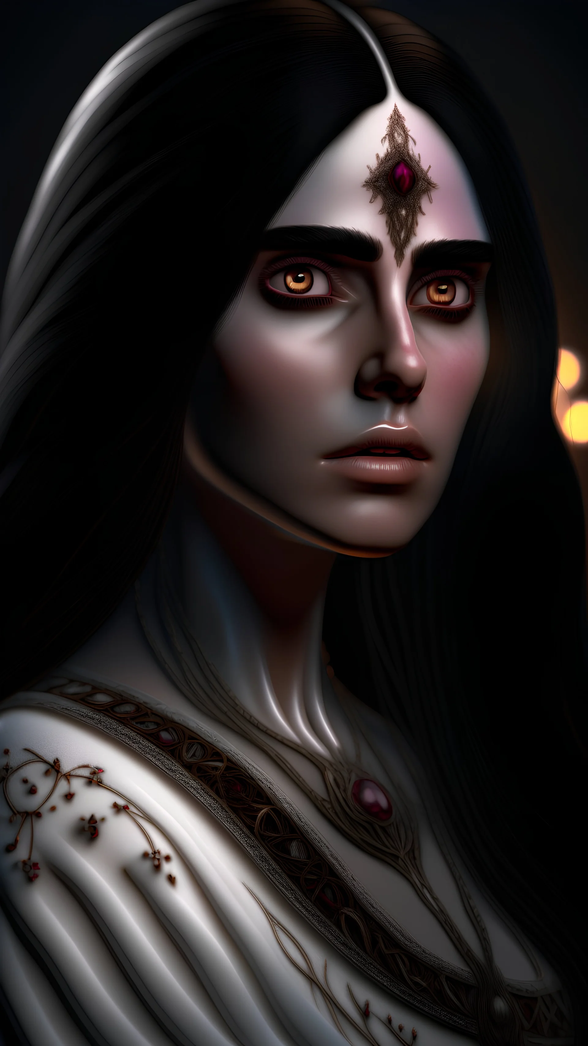 Hindu woman , long dark hair, hug, smooth face, torso, exquisite eyes, 8k, high definition, highly detailed, intricate, elegant