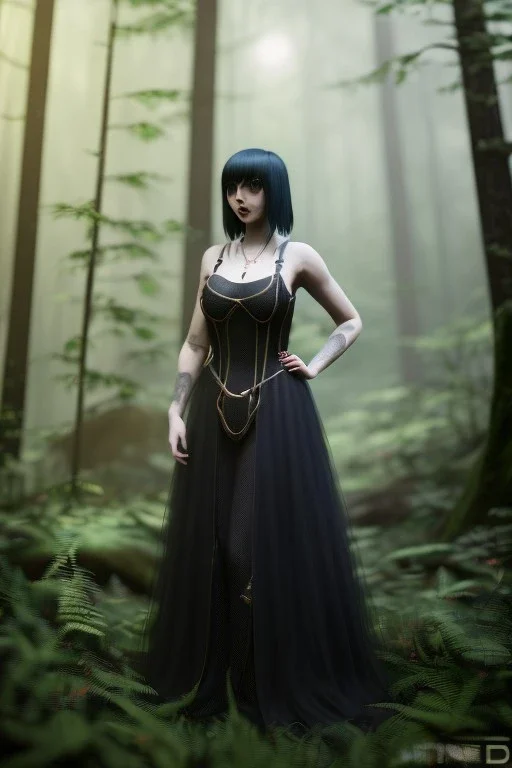 full length photo of a tig biddy goth girlfriend, looking at camera, background is a dense forest, highly detailed, 4 k, hdr, smooth, sharp focus, high resolution, award – winning photo