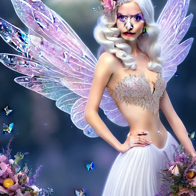 fantasy fairy with transparent wings, smiling, make up, long platinum blond hair with crown and flowers, arcoris dress