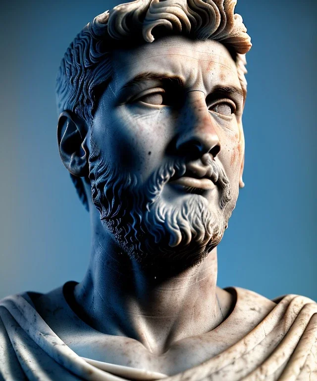 Realistic image, roman sculpture, marble material, Lionel Messi model, miguel angel style, God light, god rays, 4k resolution, perfect details, ornate details, soft lighting, unreal engine 5, soft cyan background.