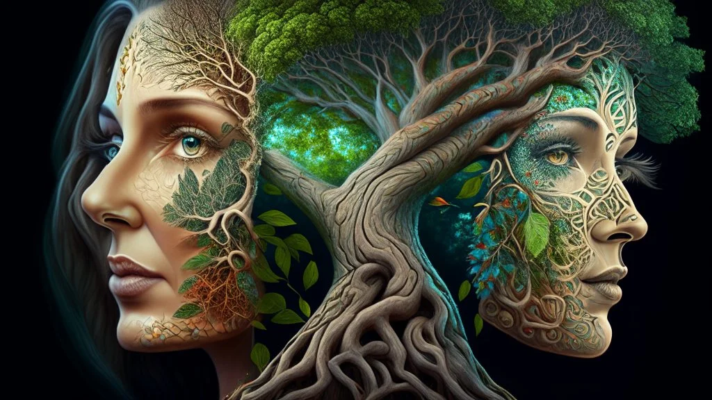 woman and tree mixed into one beautiful creature, intricate details, masterpiece, 3d, 64k, high resolution, high detail, computer graphics, hyperrealism, f/16, 1/300s. digital painting