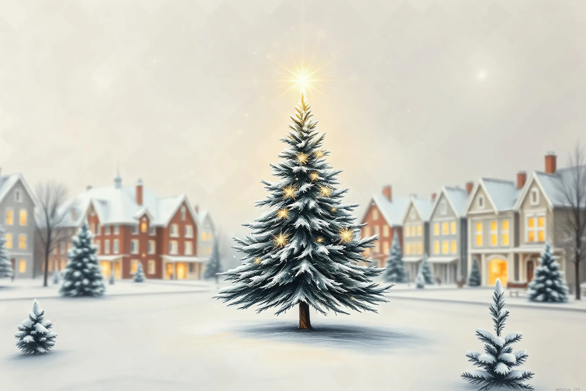 A delicate Christmas tree radiates a warm and soft glow above the beautiful snowy square. A delicate pencil drawing with a dreamlike and slightly diffused effect. It projects a joyful light that dances across the artwork. The background, a hazy Christmas village behind the serene tree, features a gradation of colors from light to dark, highlighting the captivating charm of the image and creating a tranquil, zen-like, and nostalgic atmosphere. Painted with tactile brushstrokes of charcoal gray, i