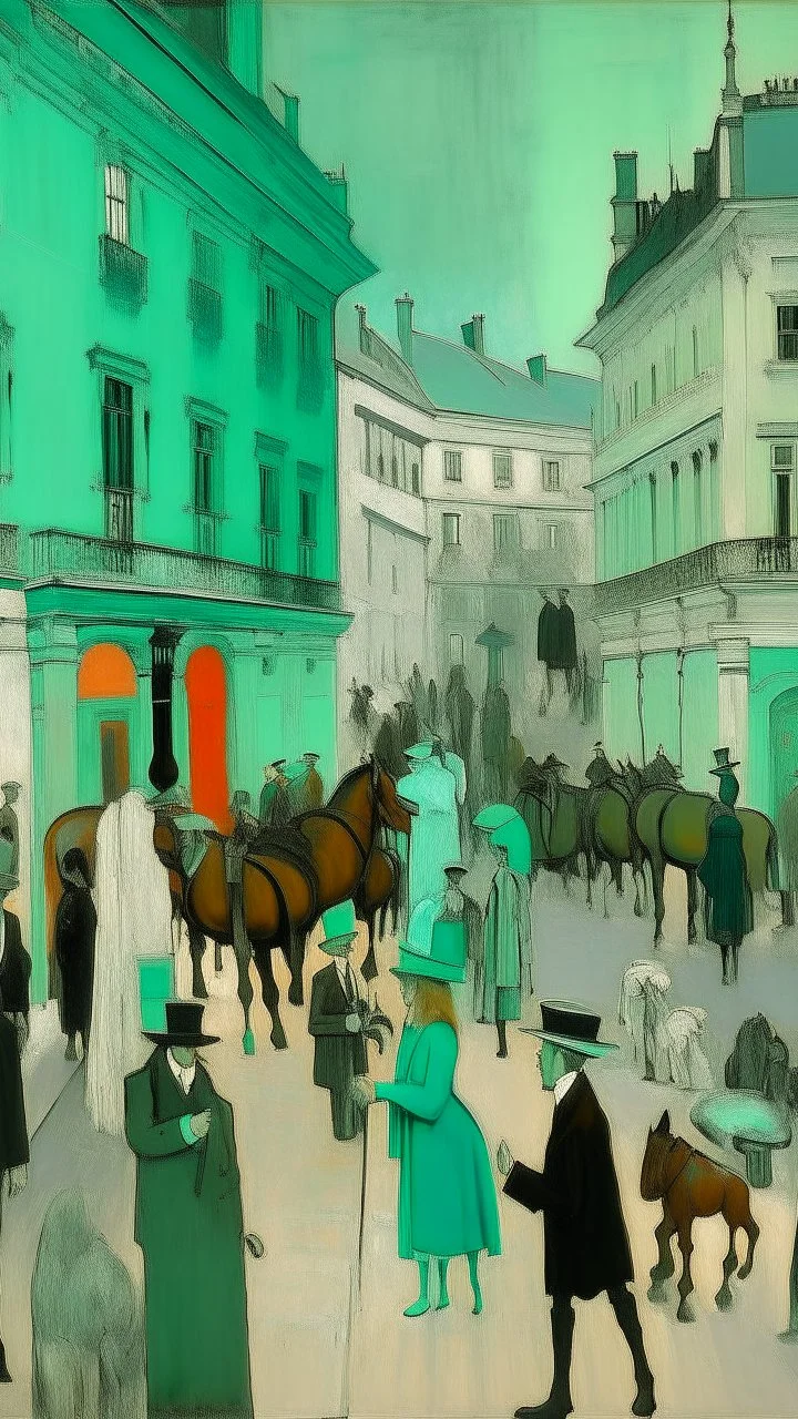 A mint colored noisy metropolis painted by Edgar Degas