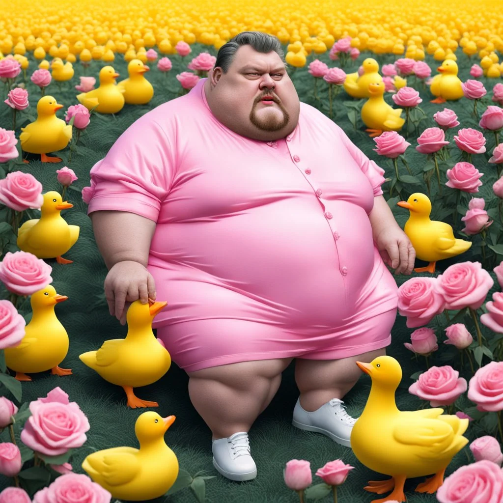 A fat, furry man wearing a Balenciaga dress is sitting in a field of pink roses next to yellow plastic ducks and eating ice cream.