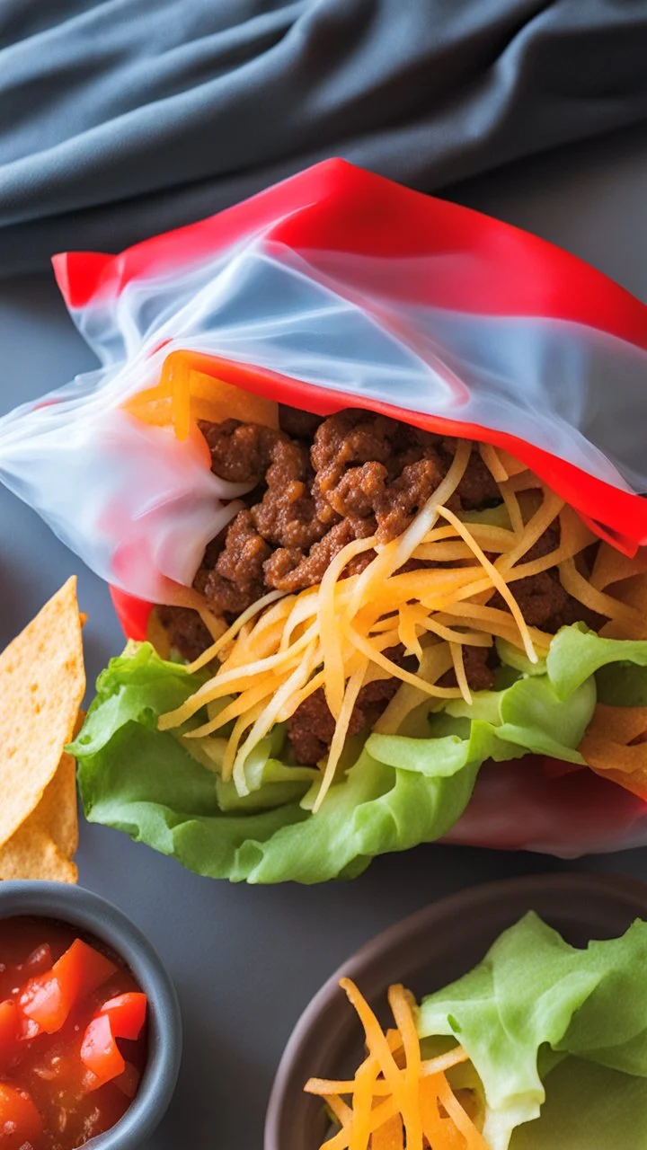 "Taco in a Bag" which consists of an open Doritos chip bag containing Doritos chips and cooked ground beef and lettuce and shredded cheese and tomato pepper and onions and more naco chips, food blogger photography