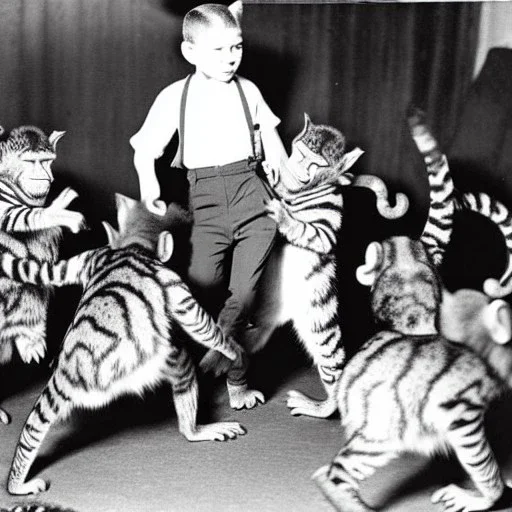 Old photo of monkey with dancing cats