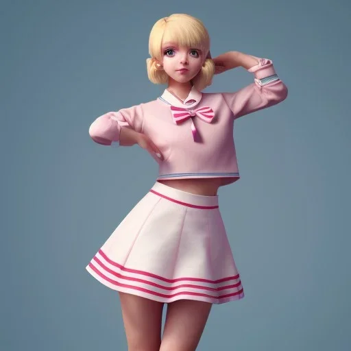 A very cute girl full body,wearing a short skirt,with blonde hair with a fade of light pink,sailor uniform,full round face,teenage girl