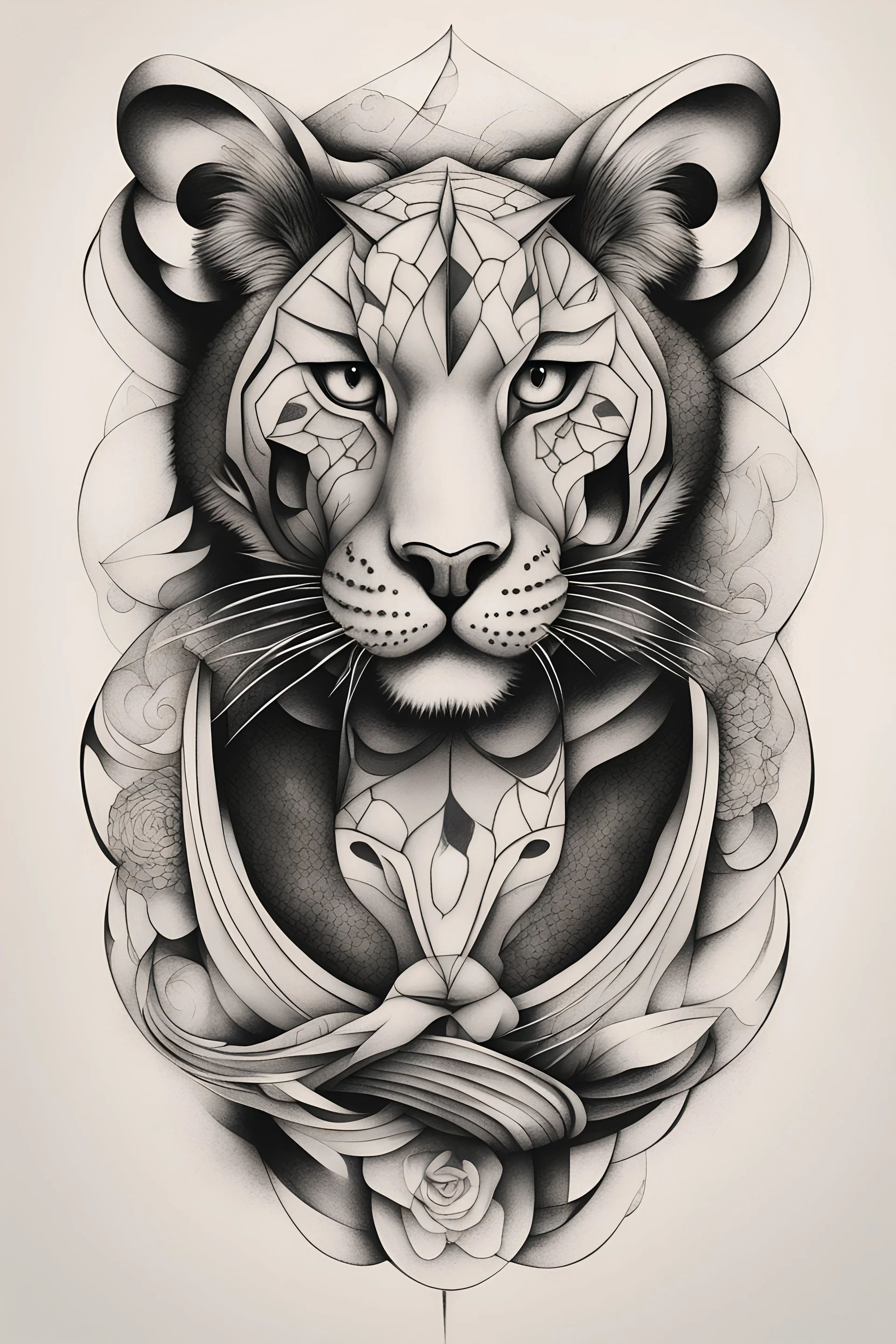 Create a captivating modern 2d ink tattoo design for print , prestigious Divine Panter using the elegant influences of japan art style, for print, dynamic elements from fashion and design, and bold Japanese contemporary art aesthetics, framing centered in the center, distanced from the edges of the paper perimeter, perfect anatomy, bauhaus, Divine Proportion,