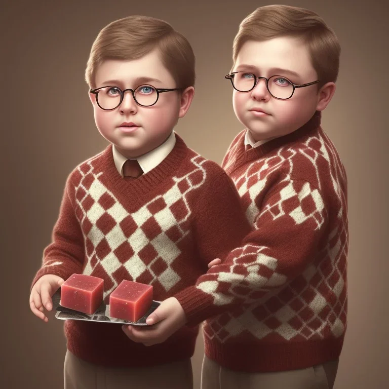 solo peter billingsley is a chubby kid with glasses, gripping a single Dark red soap bar, ((brown))argyle sweater