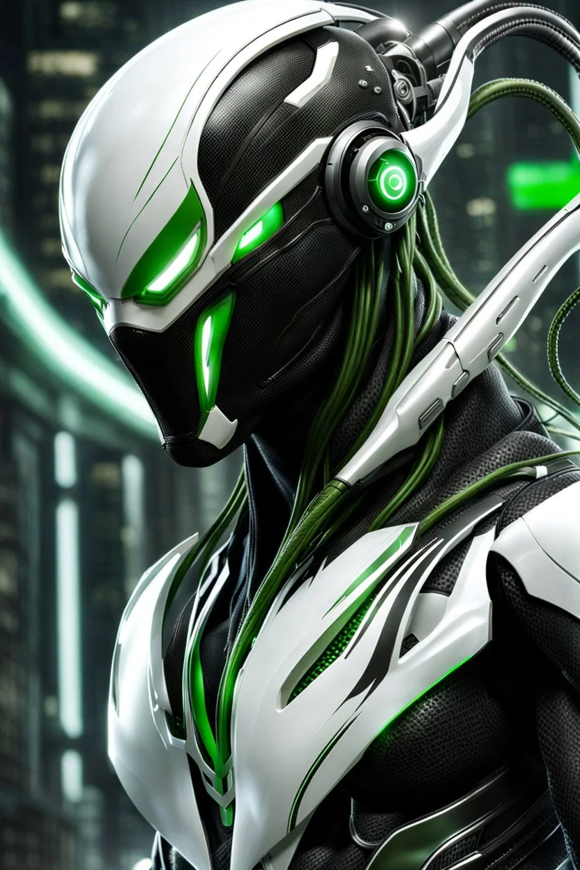 Cyborg symbiote, white color, green color, tendrils, high tech, cyberpunk, biopunk, membrane wings, carbon fiber, cyber tentacles, and the other two.