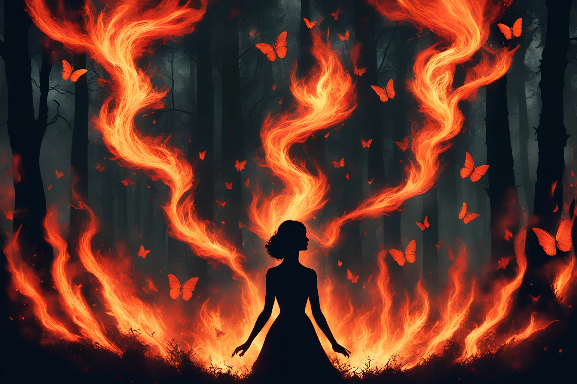 image HD realiste. nuée de papillons enflammés volant dans une forêt sombre. des flammes commencent à embraser la foret. Une silhouette de femme de feu se dessine dans le brasier au centre de l'image.