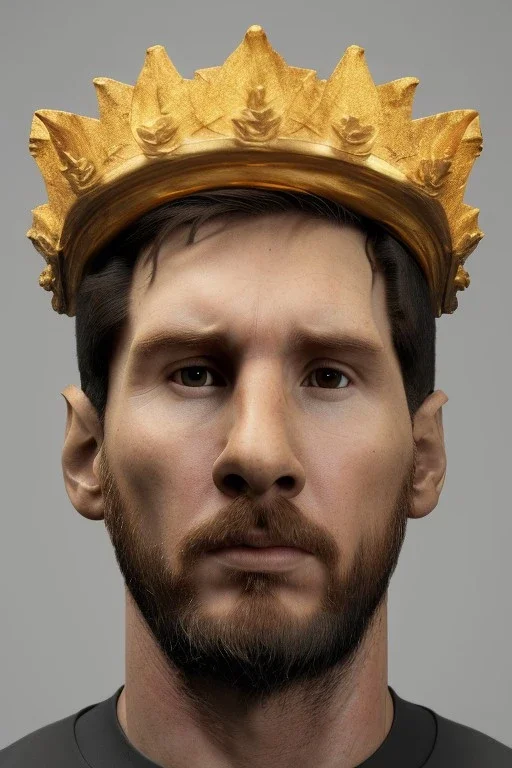 Realistic image, lionel Messi sculpture made in marble with gold veins, gold laurel leaves crown, gold ornaments, Renaissance style, sun rays background, waist up portrait, epic, celestial, cinematic lighting, God lights, 4k resolution, smooth details, soft lighting, unreal engine 5, art station, substance 3d.