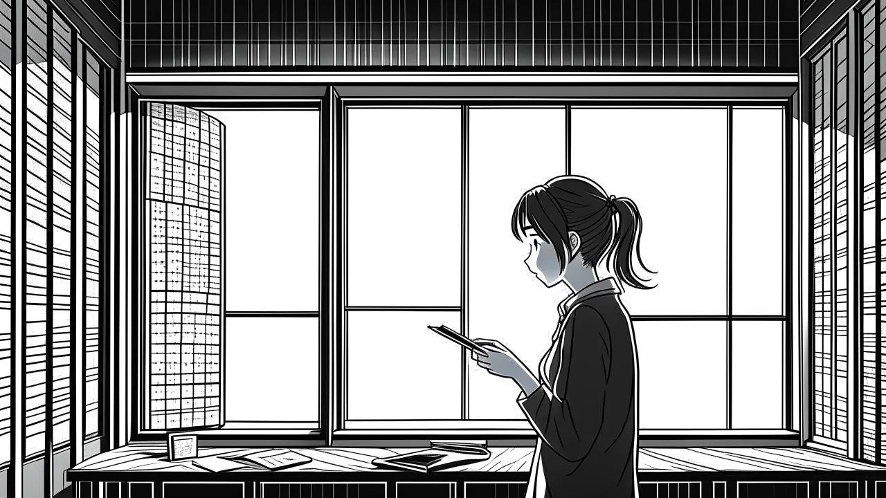 monochromatic japanese classroom with a shadowy figure looking out the window holding a transparent key emanating glow that colors the surroundings, anime