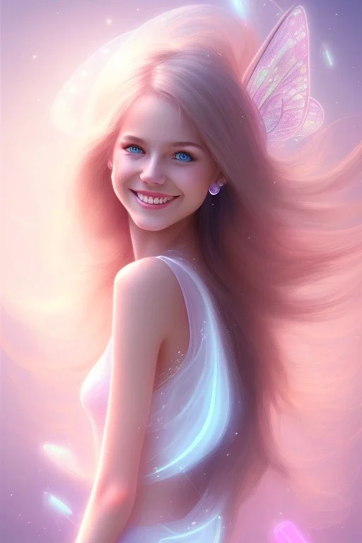 smiling girl, cute, beautiful, long hair, fairy wings, light pastel colors, bright, transparent dress, smile