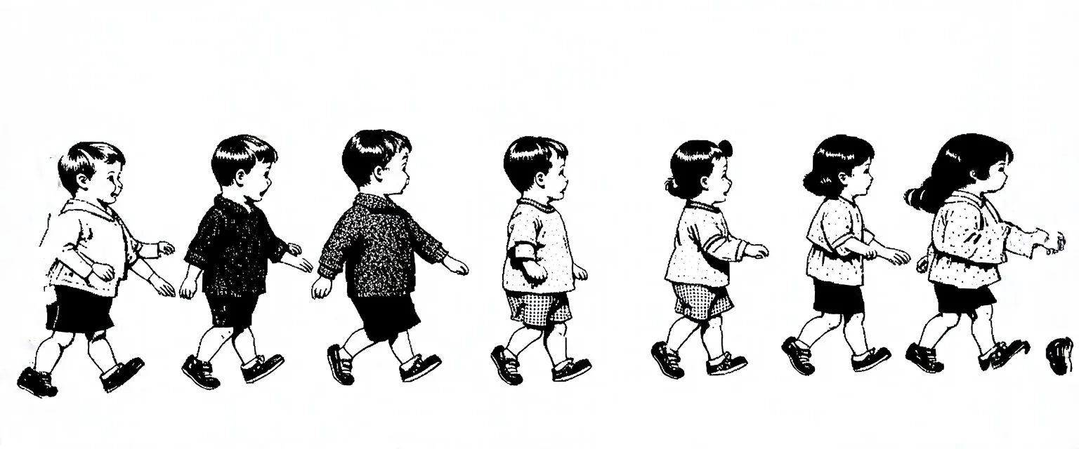 illustrated children walking in a line, in the style of original winnie-the-pooh, on white